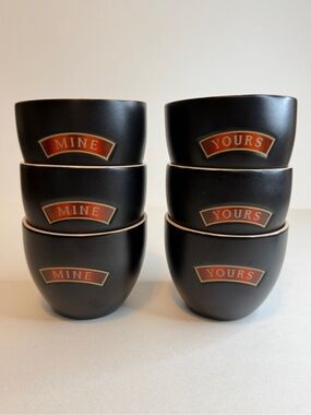Set of 6 Black Ceramic mugs with 'Mine' and 'Yours' Labels